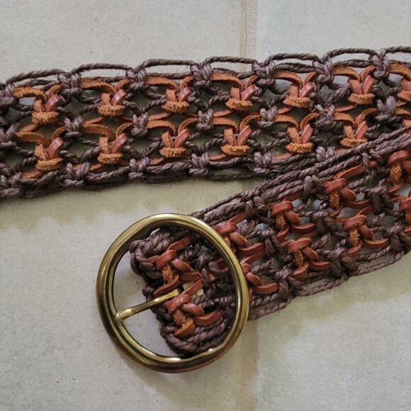 Macrame Leather and Rope Boho Woven Belt with Round Gold Tone Buckle Y2K - Picture 3 of 9